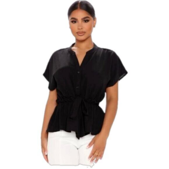 Fashion Nova BLACK Waist No Time Blouse Tie Waist Drawstring Button Peplum - Picture 1 of 5